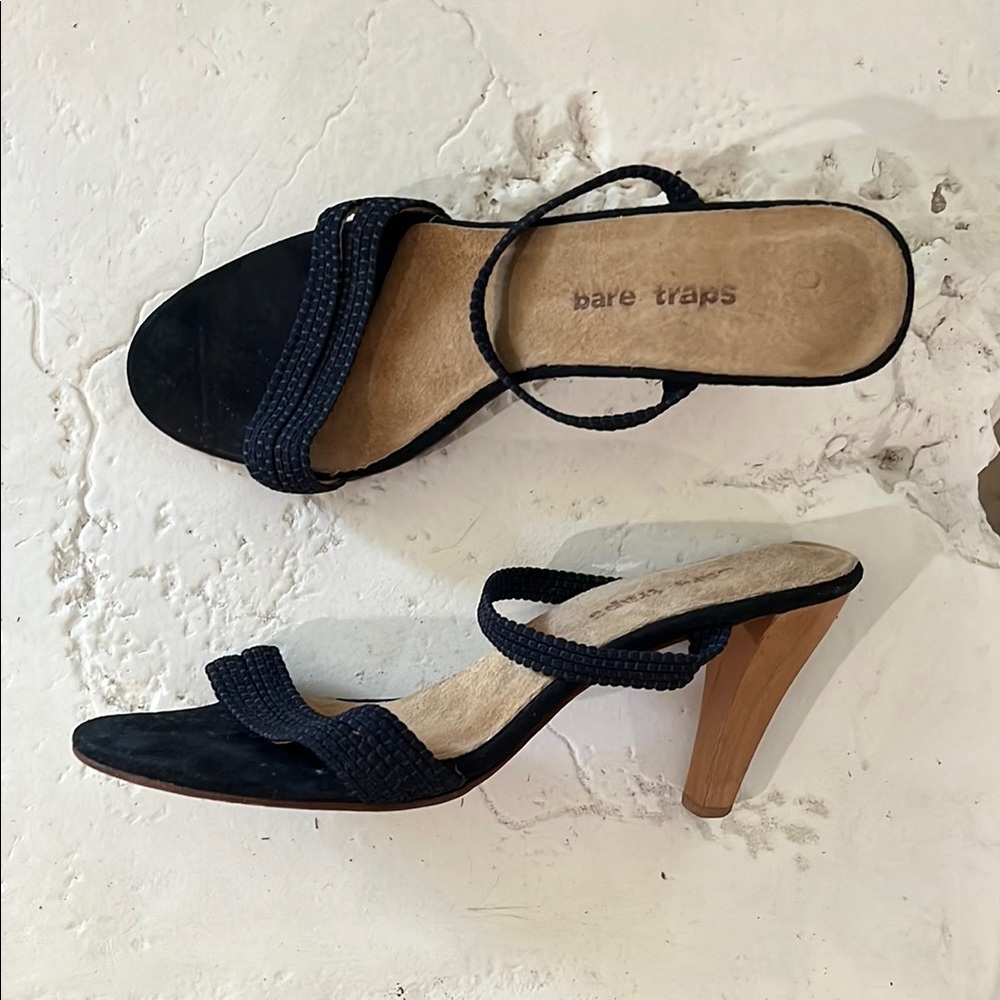Vintage Bare Traps Navy Braided Strap Heeled Mule Sandals